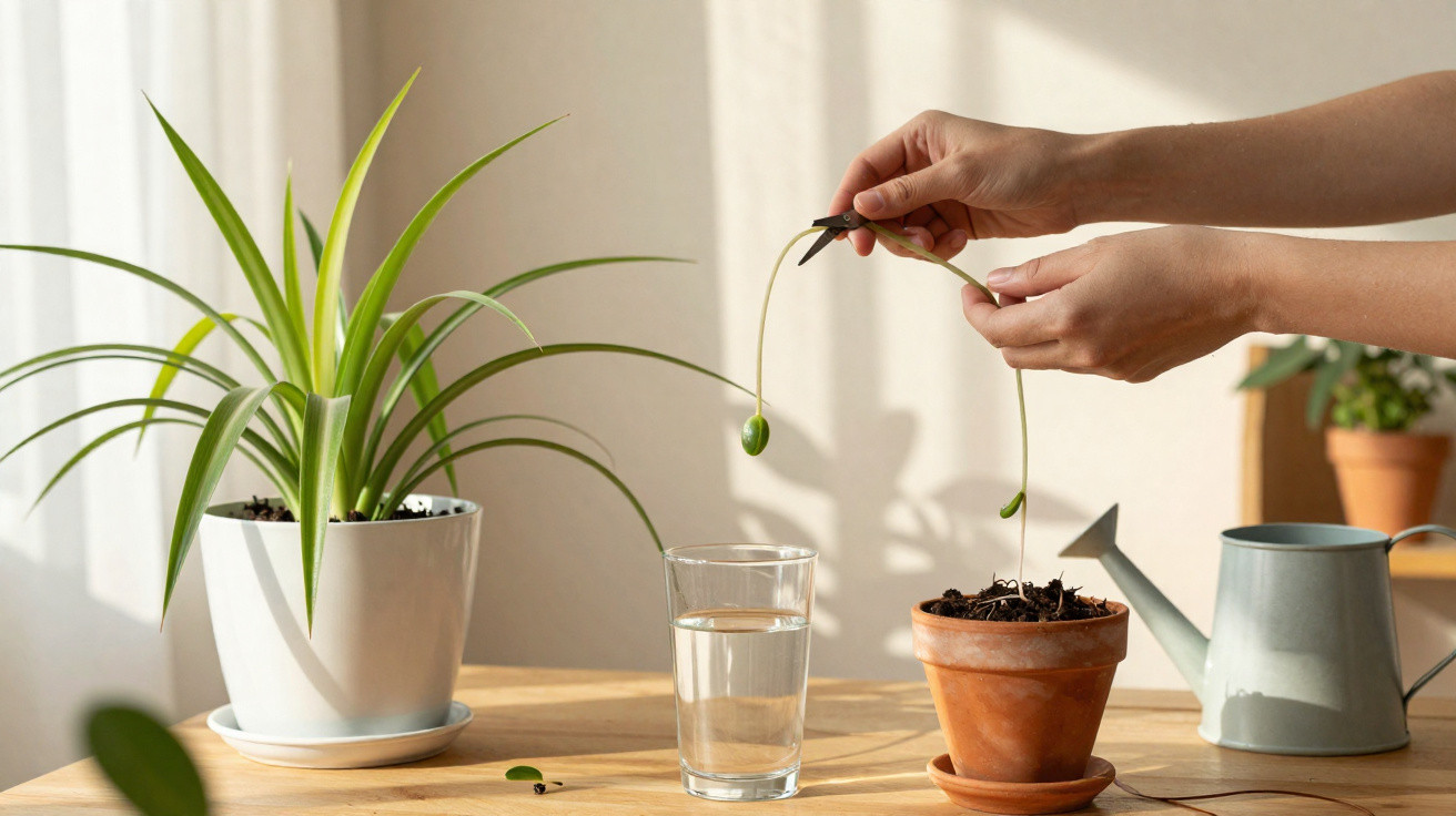 Pessoa a colher mudas de planta de vaso de barro com tesoura numa mesa de madeira iluminada pela luz natural.