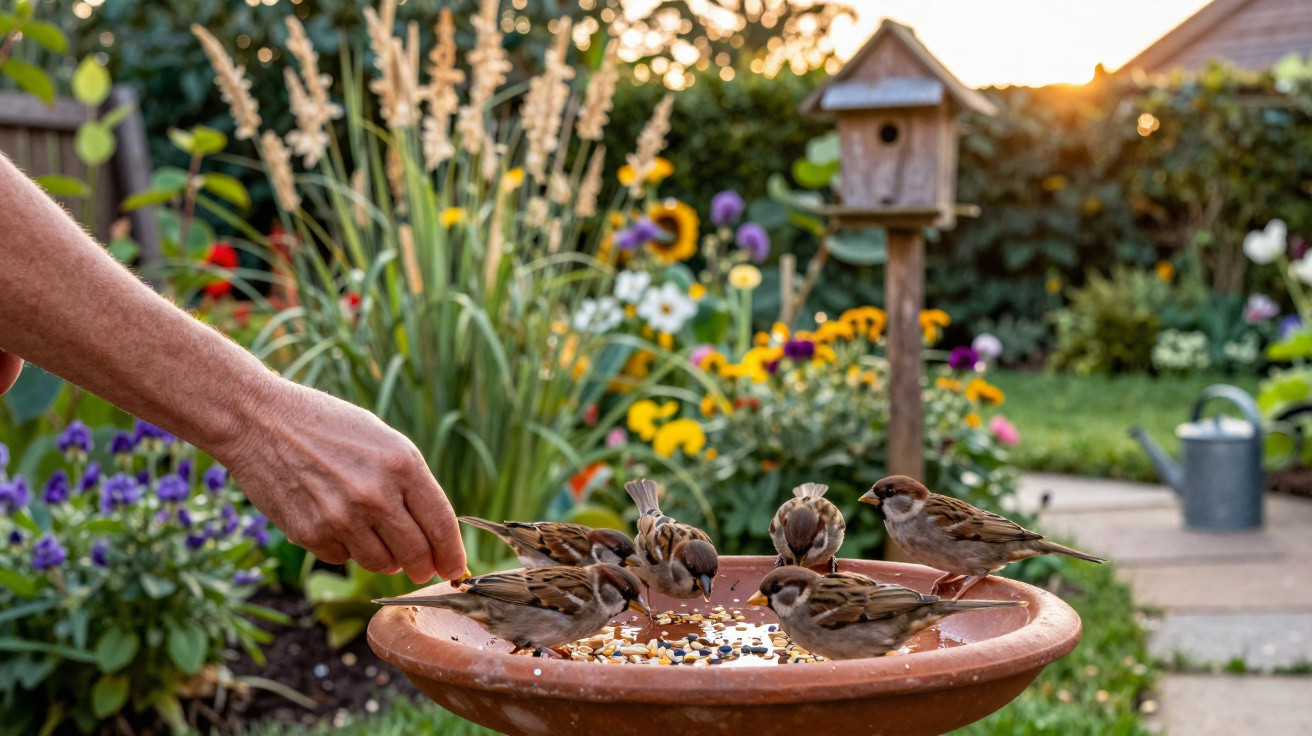 Mão a alimentar pardais que comem sementes numa taça num jardim florido ao pôr do sol.