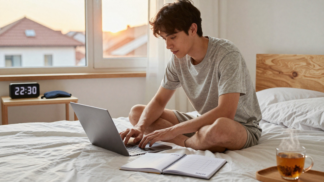 Jovem sentado na cama a usar portátil, com agenda aberta e chá numa mesa ao lado, durante a noite.