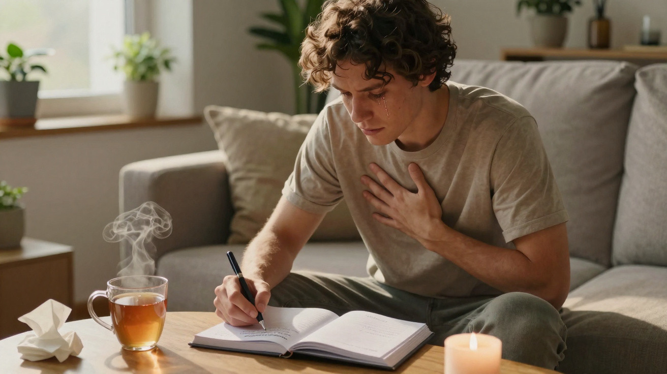Jovem sentado no sofá a escrever num caderno, com lágrima, chá quente e vela acesa numa mesa à frente.