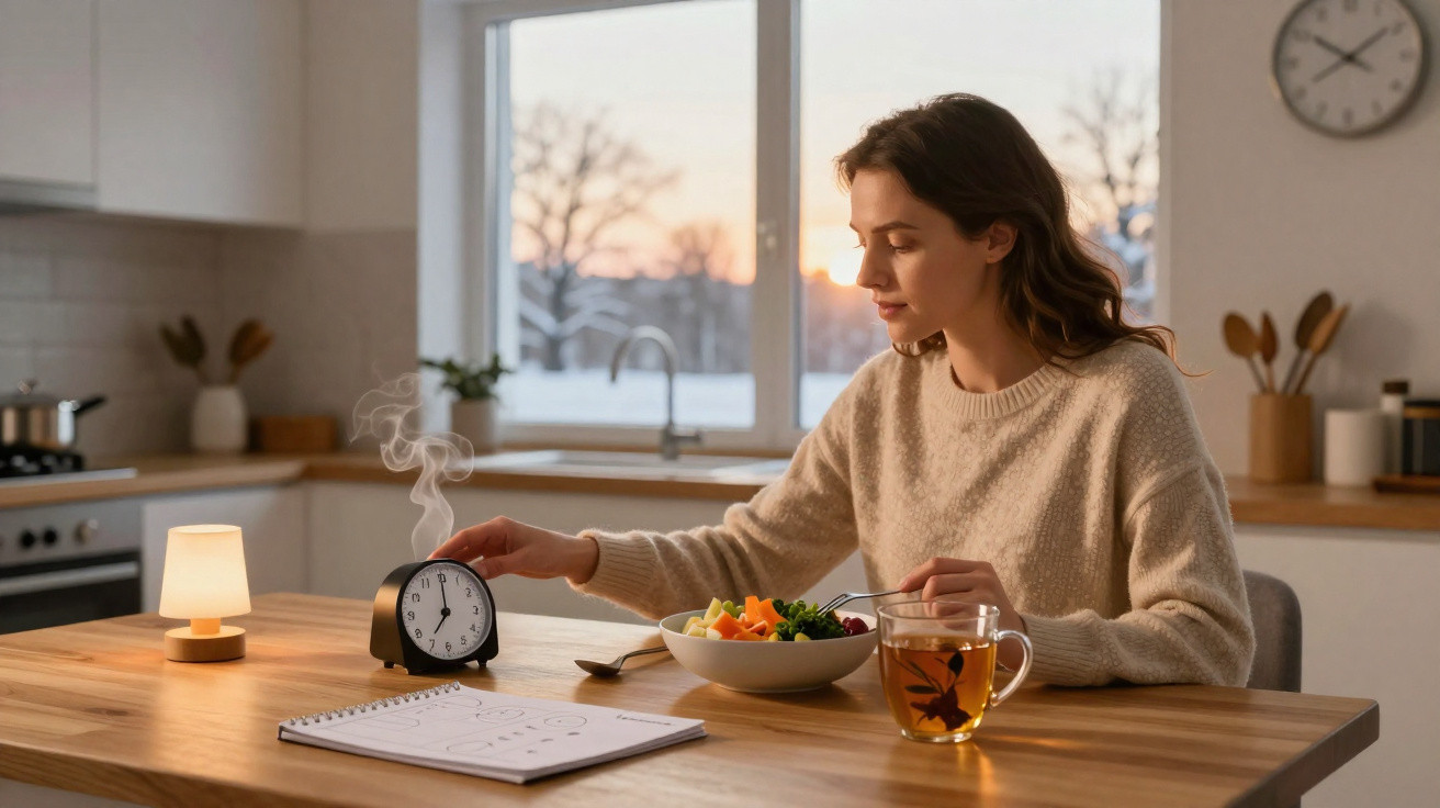 Mulher sentada na cozinha ao amanhecer com salada, chá e a apagar um relógio despertador fumegante.