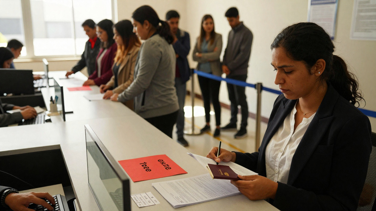 Pessoa entrega documentos num balcão de atendimento com outras pessoas em fila ao fundo.