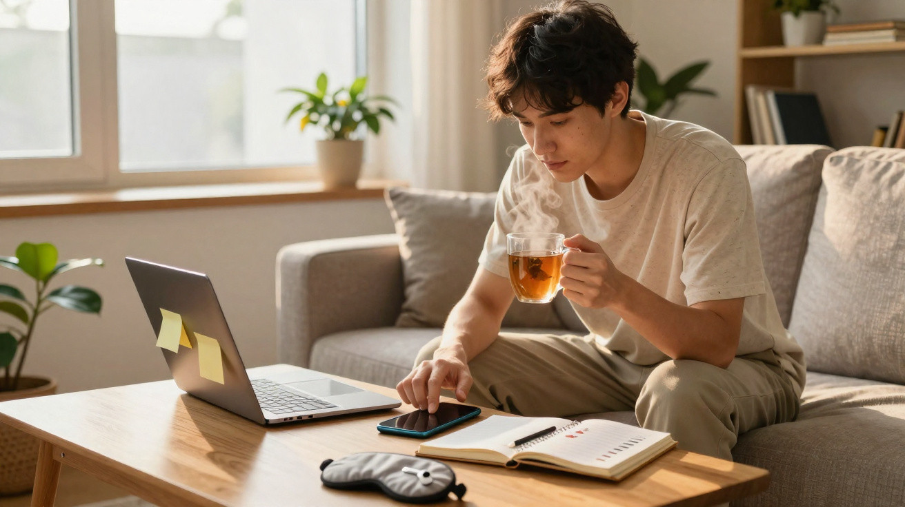 Homem sentado no sofá a usar telemóvel e beber chá, com portátil e caderno numa mesa à sua frente.