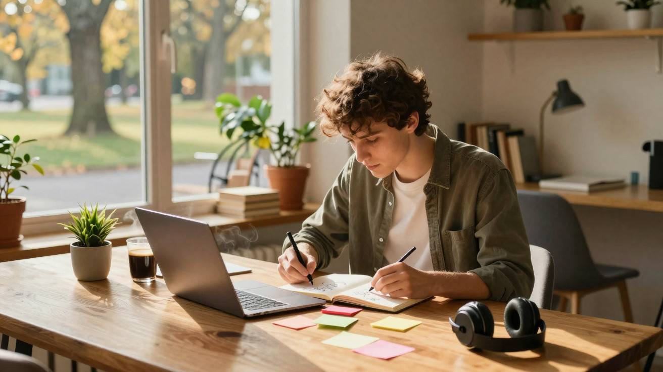 Jovem a estudar e a escrever num caderno, com portátil aberto, na mesa cheia de post-its e plantas.