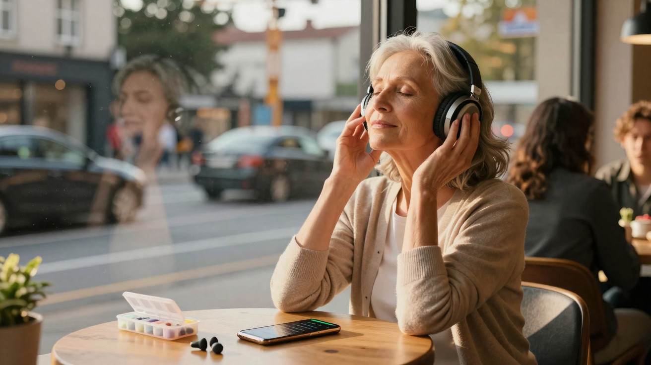 Mulher idosa relaxa a ouvir música com auscultadores num café junto a uma janela, smartphone na mesa.