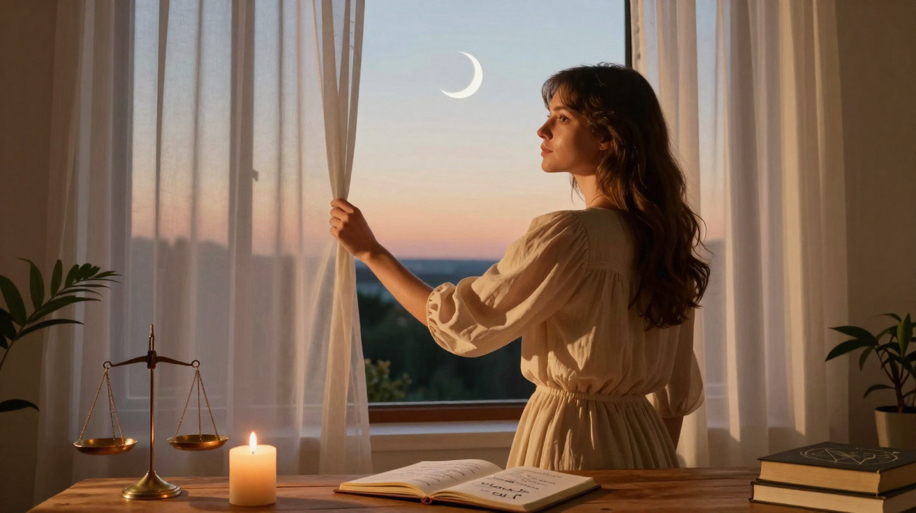 Mulher em vestido claro a olhar pela janela aberta ao entardecer, com vela, livros e balança sobre a mesa.