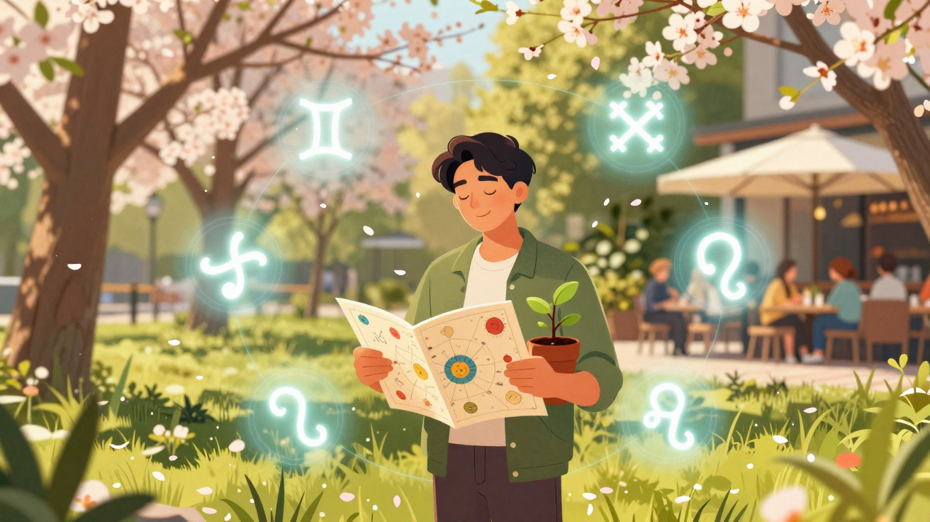 Jovem lê mapa astrológico num jardim florido com símbolos zodiacais luminosos ao redor.