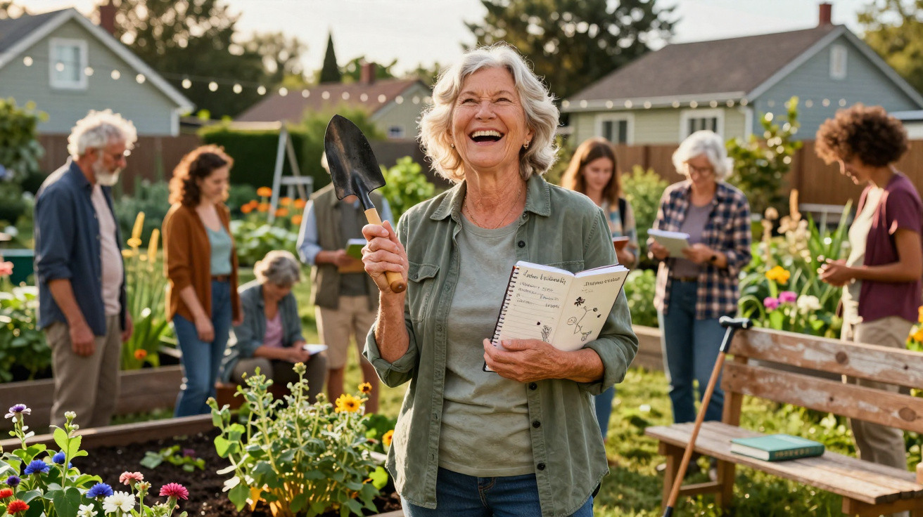 Grupo de adultos felizes a jardinarem numa horta comunitária ao ar livre.