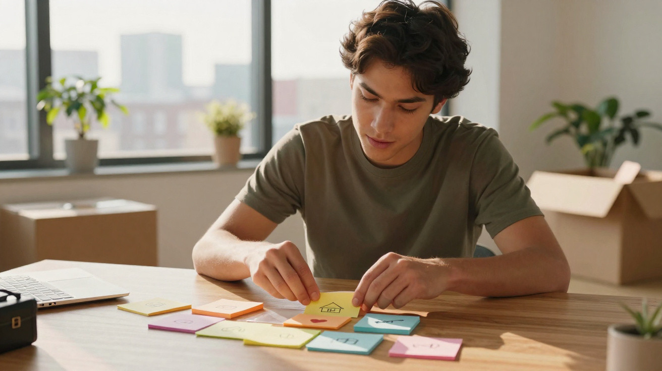 Homem jovem a organizar notas coloridas com desenhos numa mesa numa sala iluminada.