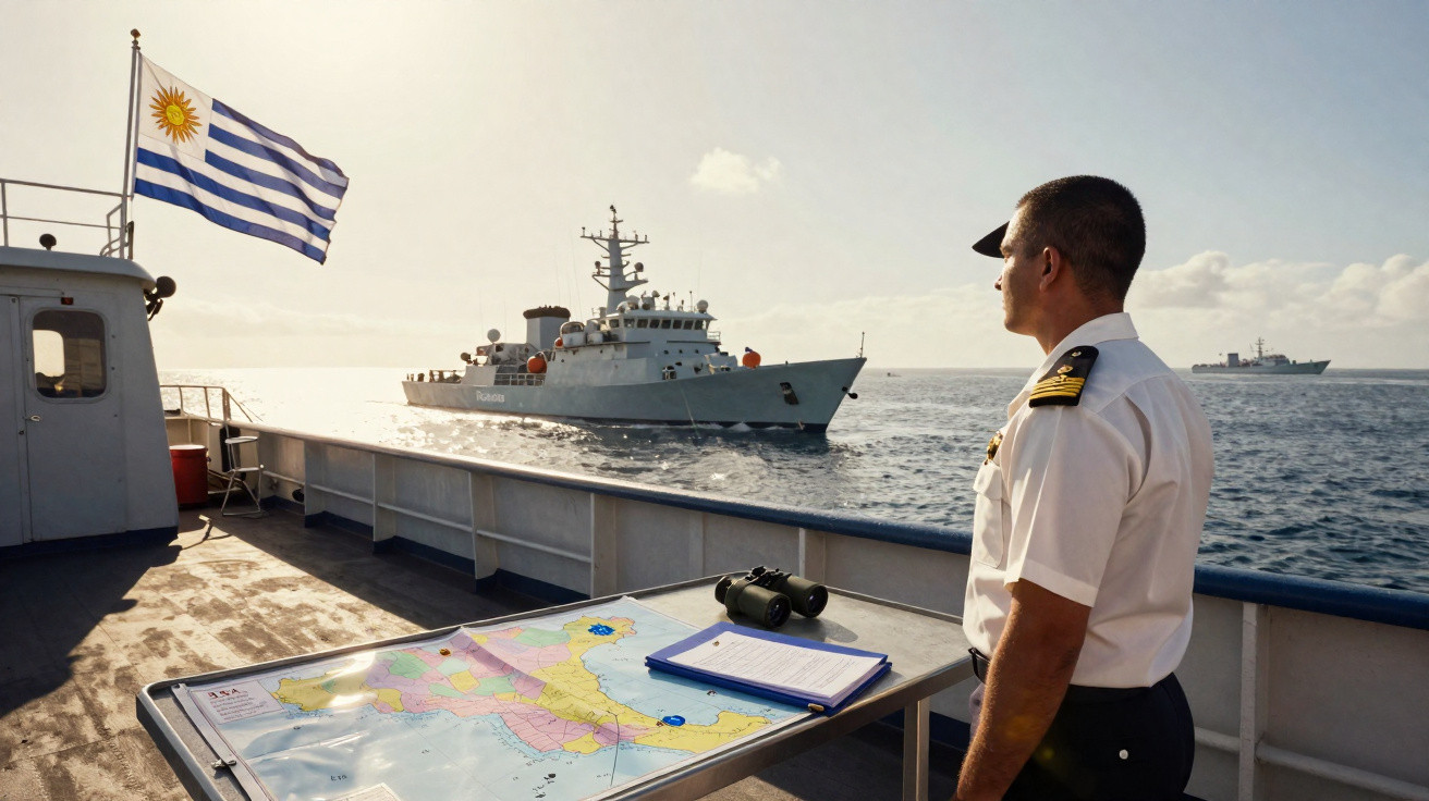 Marinheiro na ponte de comando observando navios militares com bandeira do Uruguai ao pôr do sol.