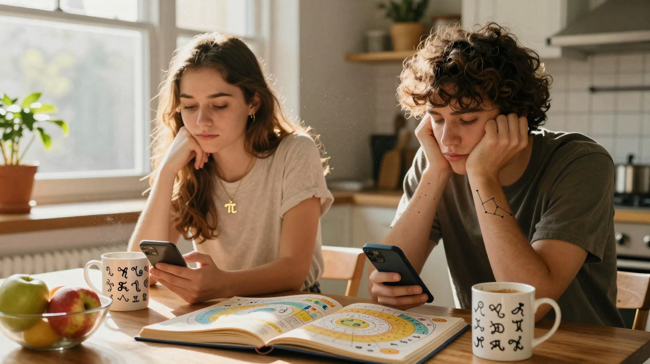 Dois jovens sentados à mesa, a olhar para telemóveis com livros e canecas numa cozinha iluminada.