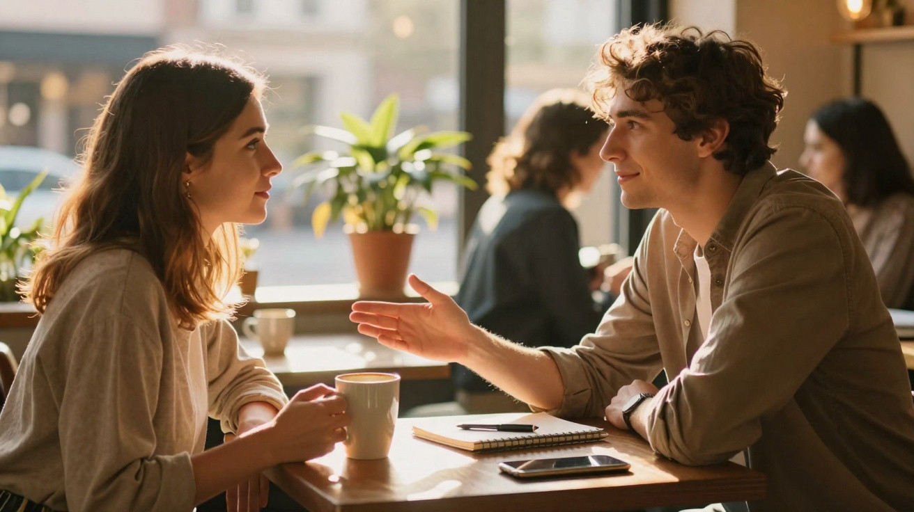 Casal jovem conversa e sorri numa mesa de café com comandos de telemóvel e caderno à frente.
