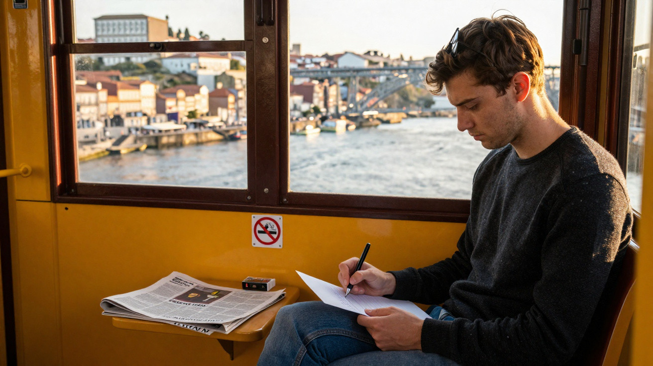 Jovem sentado num eléctrico a escrever num papel com o rio e a ponte D. Luís ao fundo em Lisboa.