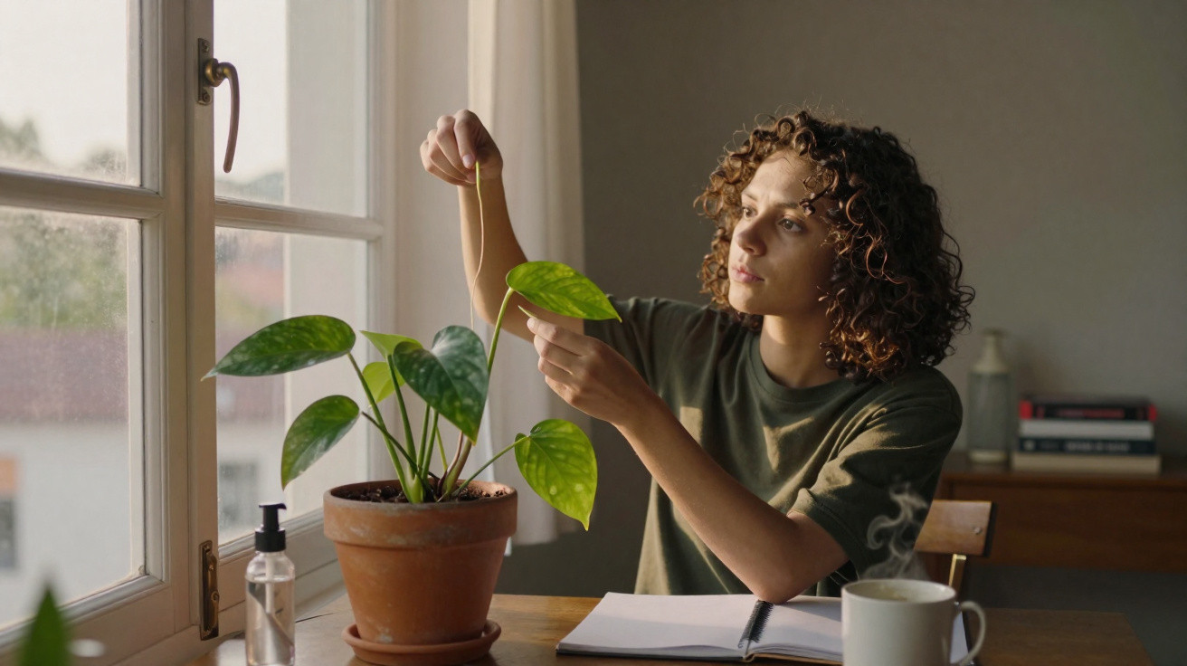 Pessoa com cabelo encaracolado a cuidar de planta numa jarra de barro junto à janela, com caderno e chá na mesa.