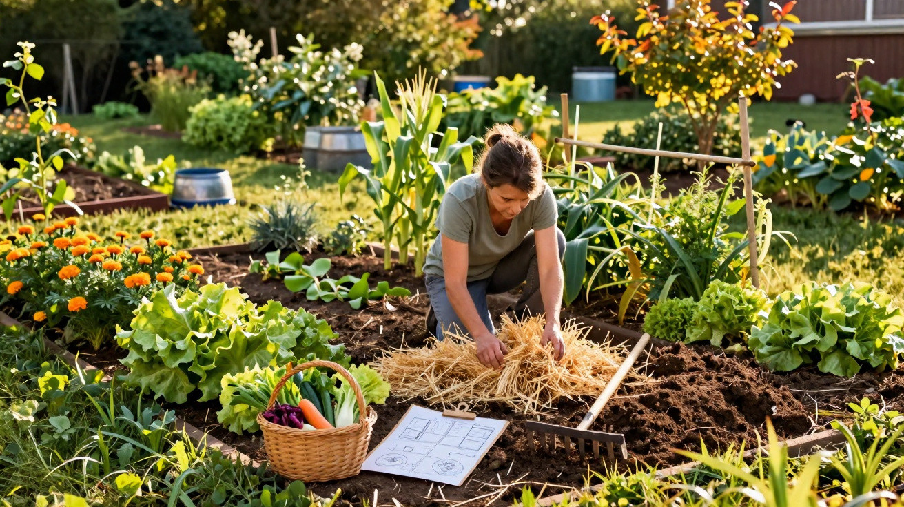 Mulher a cuidar de hortas num jardim com legumes, flores e ferramentas de jardinagem ao redor.