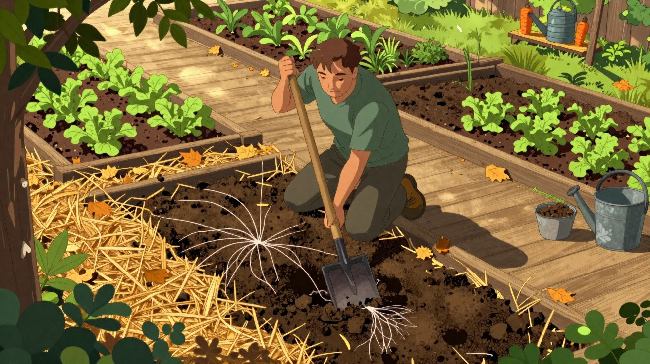Homem a cavar com pá em canteiro de jardim com várias plantas e regadores ao lado.
