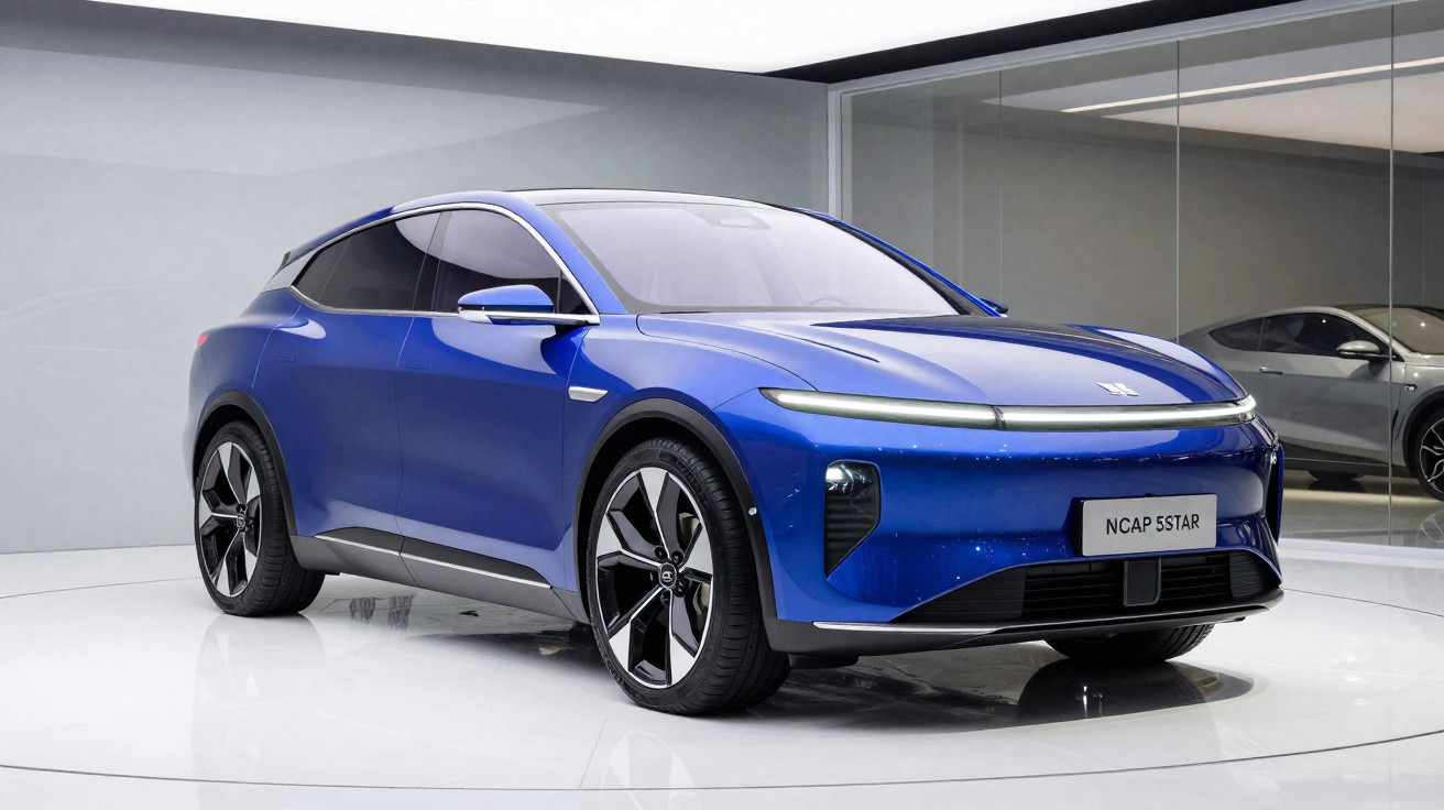 Veículo elétrico SUV azul com design moderno exposto em ambiente interior minimalista.
