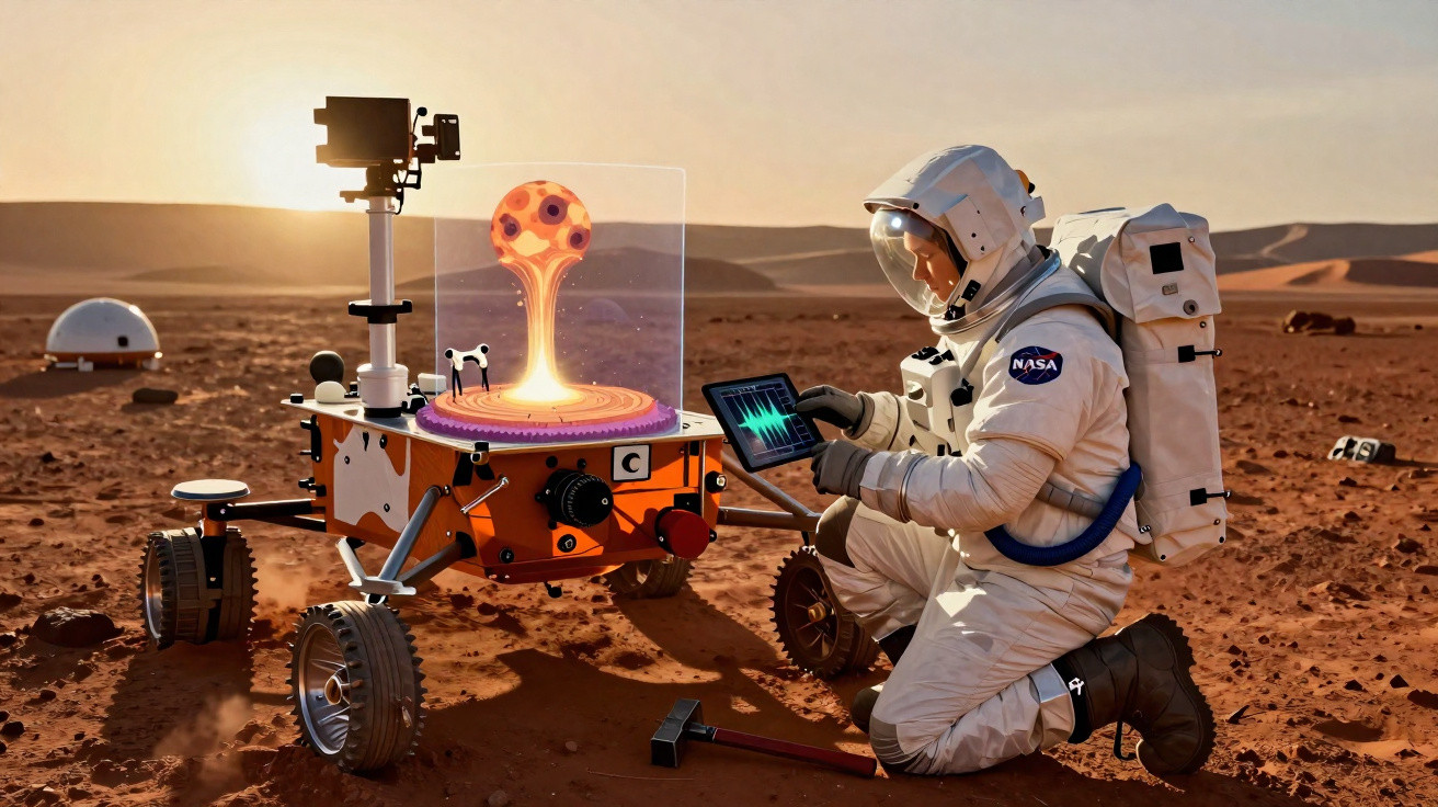 Astronauta da NASA em Marte usa tablet junto a rover com objeto luminoso desconhecido.