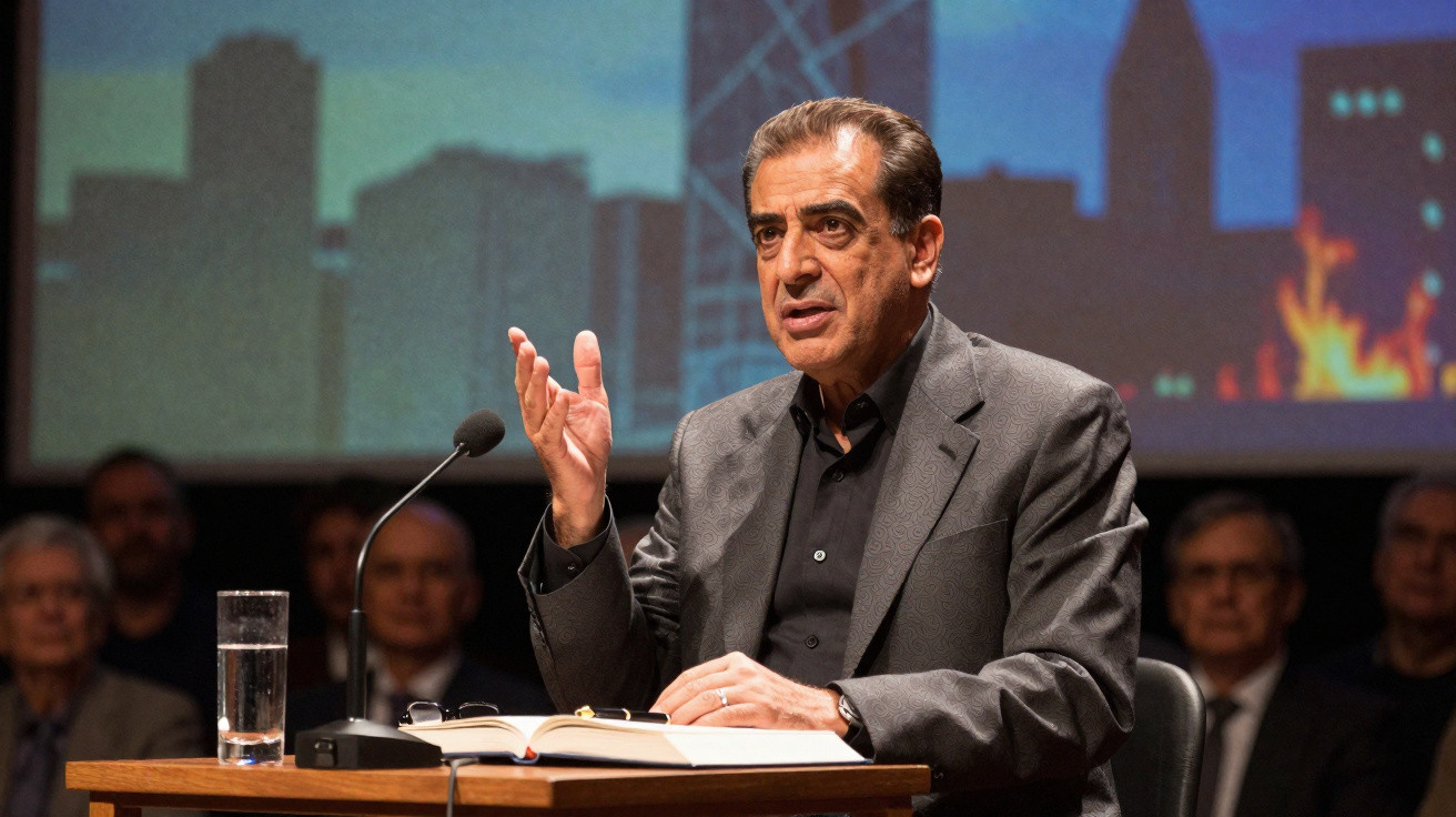 Homem a discursar sentado numa mesa com microfone, livro aberto e copo de água, público ao fundo desfocado.
