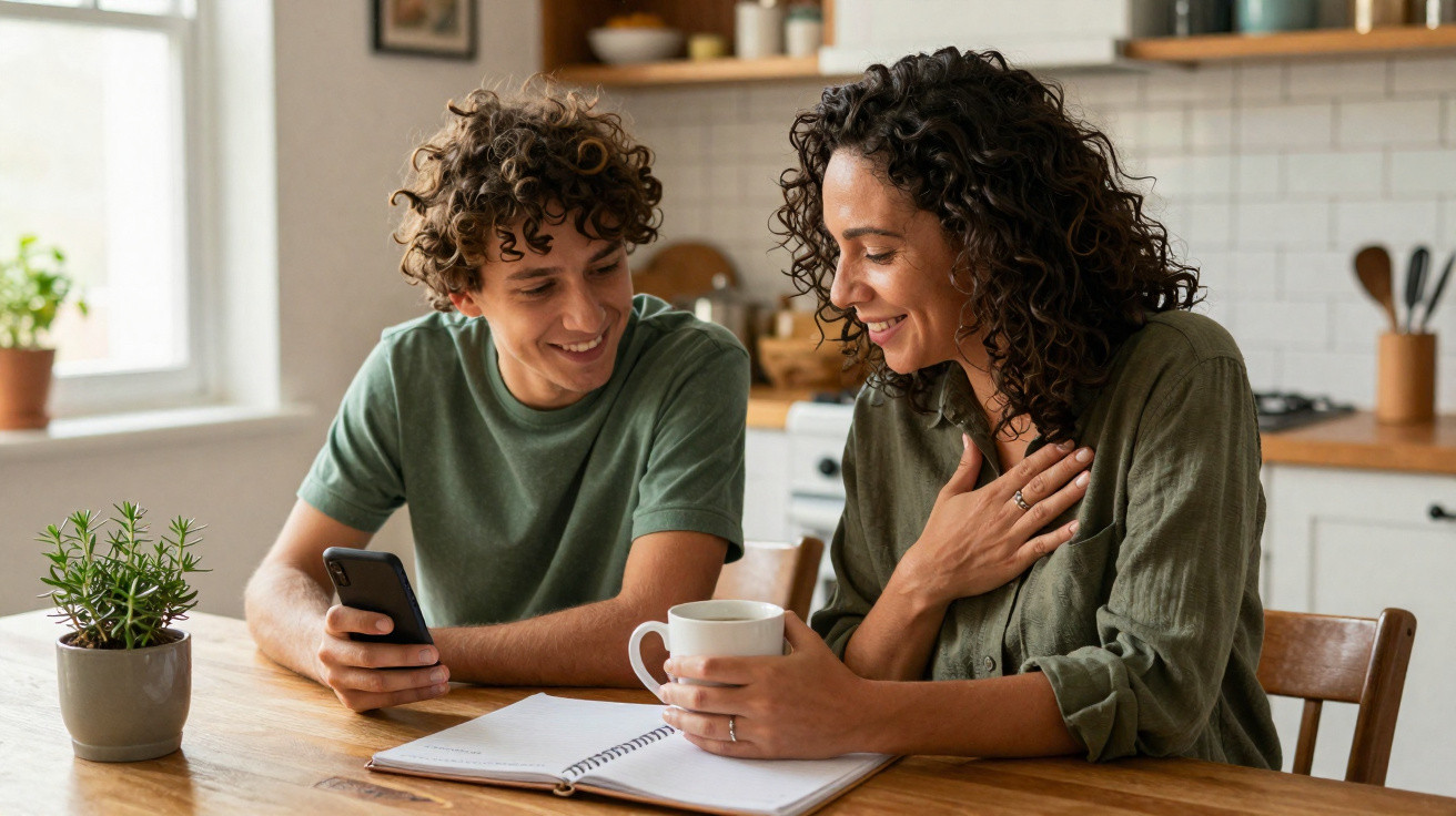 Casal sorridente sentado à mesa da cozinha com telemóvel, caderno aberto e chávenas de café.