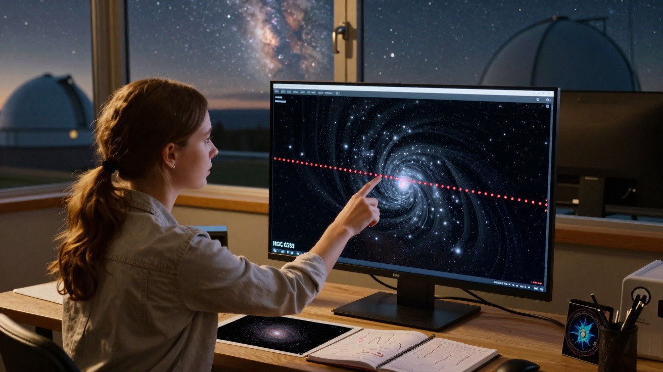 Mulher a apontar para uma galáxia espiral com linha de pontos vermelhos no ecrã de um computador num observatório.