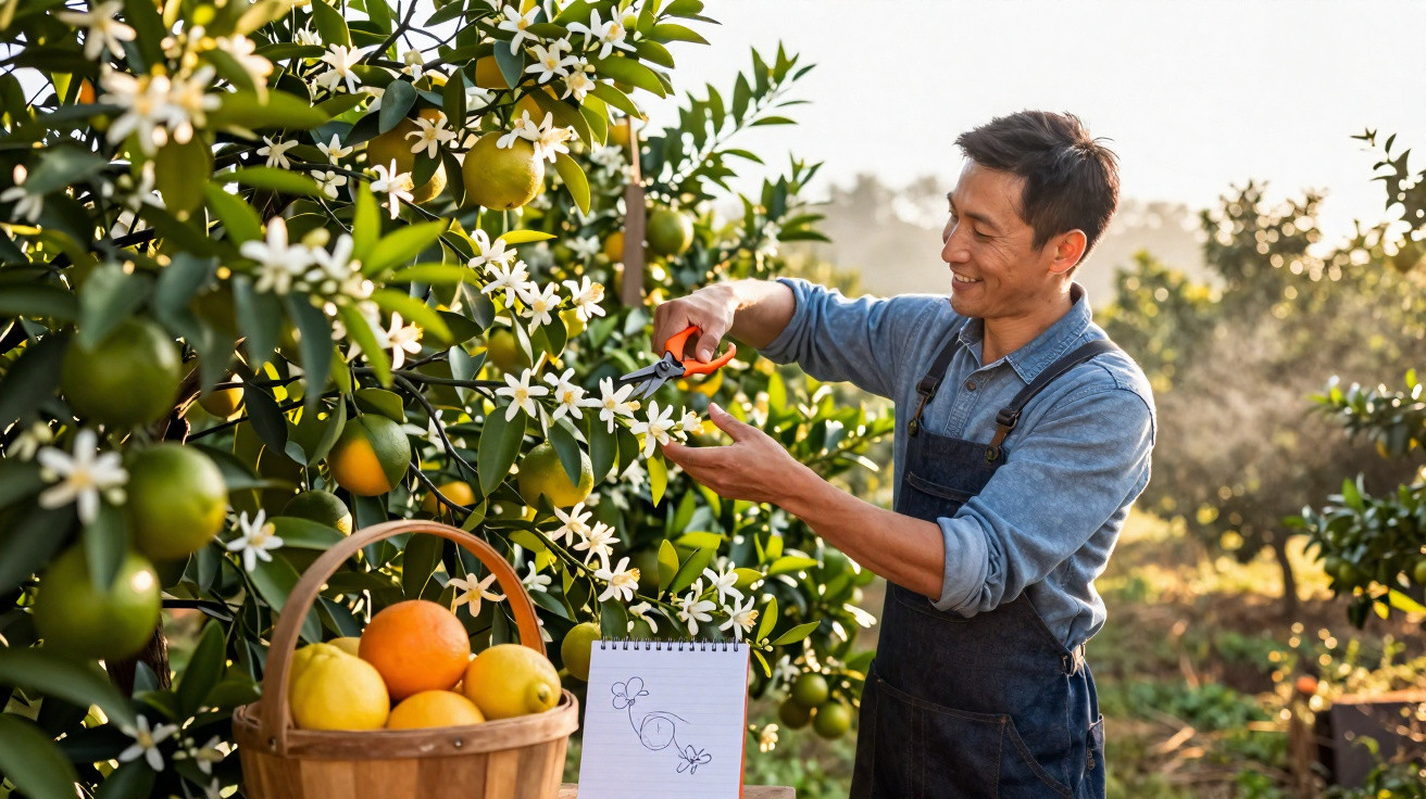 Homem colhendo flores num pomar de citrinos com cesta de frutas e caderno com desenho à frente.