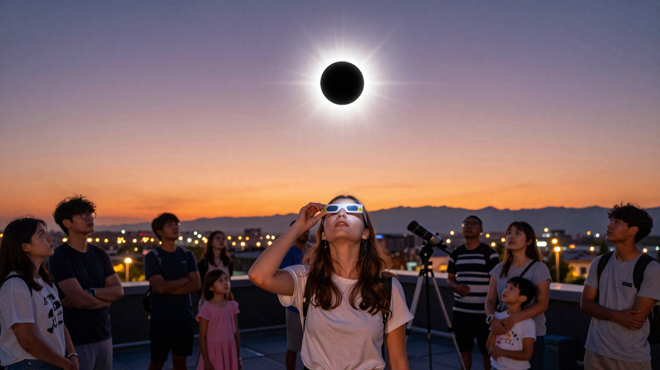Grupo de pessoas a observar eclipse solar com óculos especiais ao pôr do sol numa plataforma urbana.