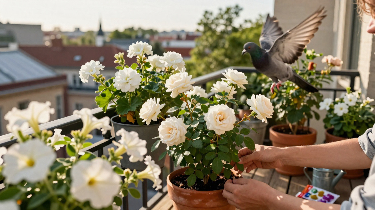 Mãos a cuidar de rosas brancas em vasos num terraço ensolarado com pombo em voo e plantas ao fundo.