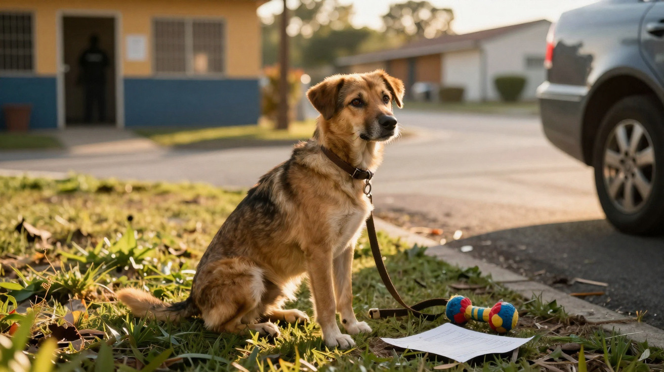 Cão castanho sentado na relva com coleira e brinquedo colorido, ao lado de um carro e folhas secas.