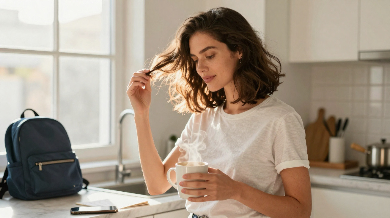 Mulher jovem em cozinha iluminada, segurando caneca quente e mexendo no cabelo com expressão serena.