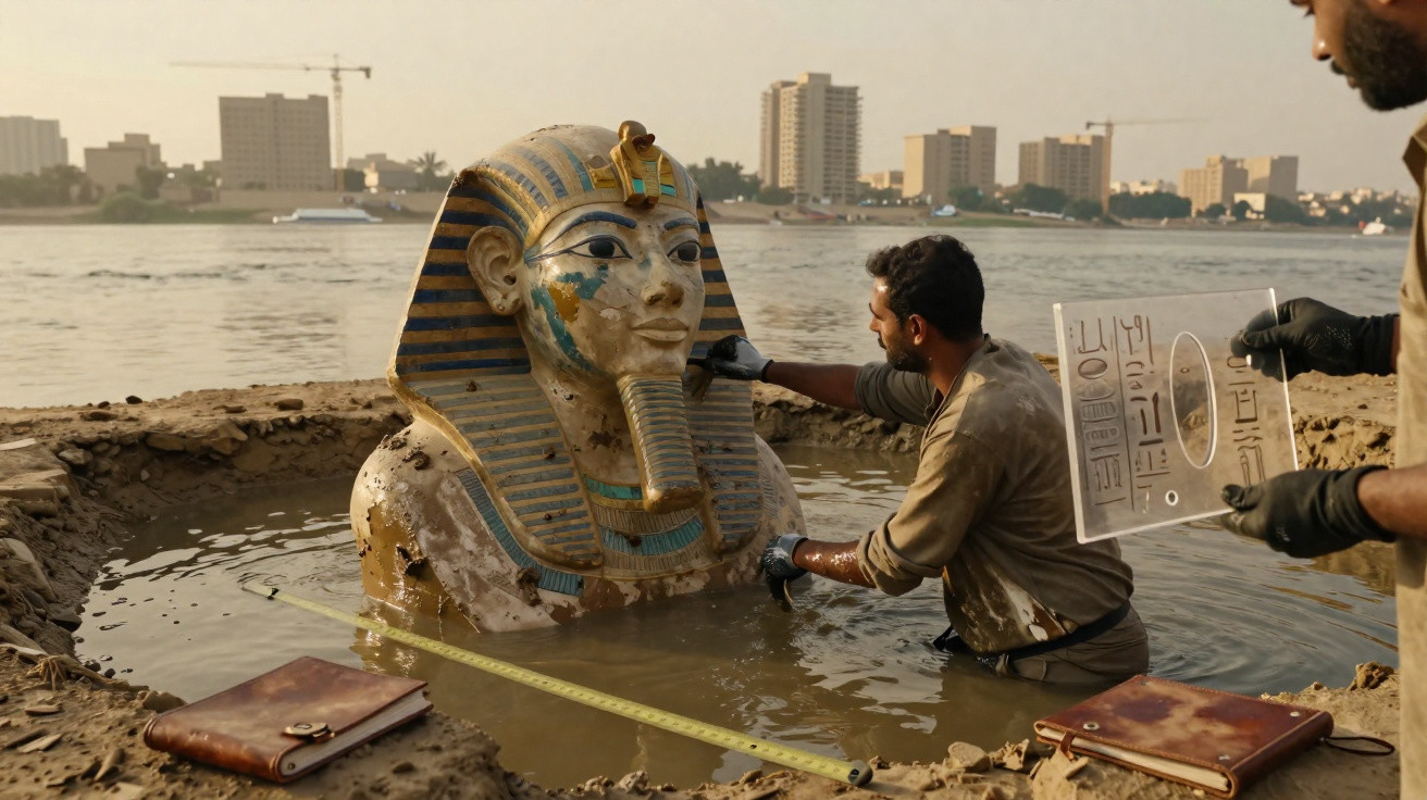 Arqueólogos a escavar e medir uma estátua de faraó egípcio semi-submersa em lama junto a um rio.