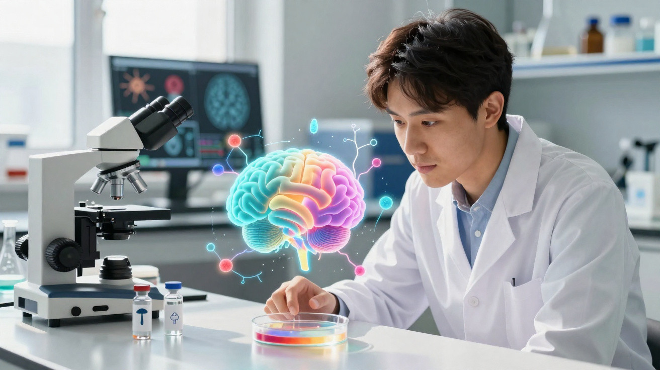 Cientista em laboratório observa petri com imagem digital colorida de cérebro e moléculas ao lado de microscópio.