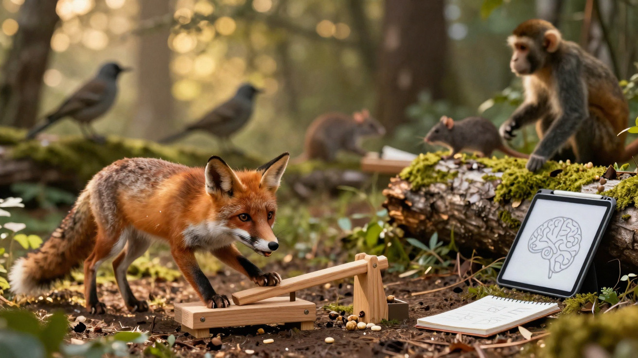 Raposa, macaco e ratos numa floresta com objetos tecnológicos e uma catapulta em miniatura.