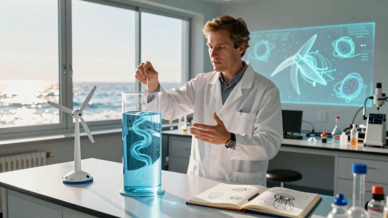Cientista em laboratório com bata branca, a mexer líquido azul num cilindro, com modelo de turbina e livro aberto.