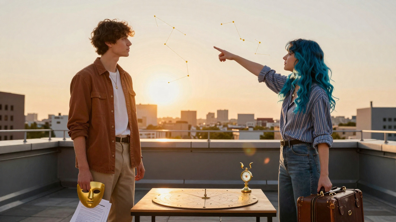 Jovem com máscara dourada observa mulher de cabelo azul a apontar constelações num terraço ao pôr do sol.
