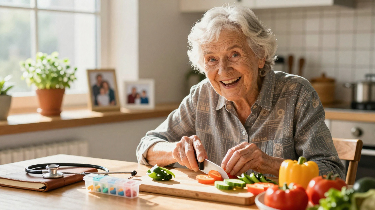 Idosa sorridente a cortar legumes numa cozinha, com estetoscópio e medicamentos na mesa.