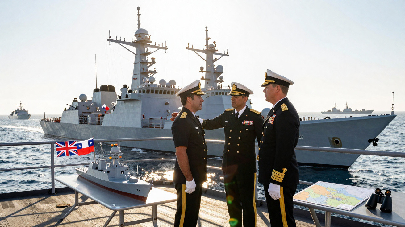 Três oficiais da marinha em convívio numa embarcação com navios de guerra e maquete ao fundo.