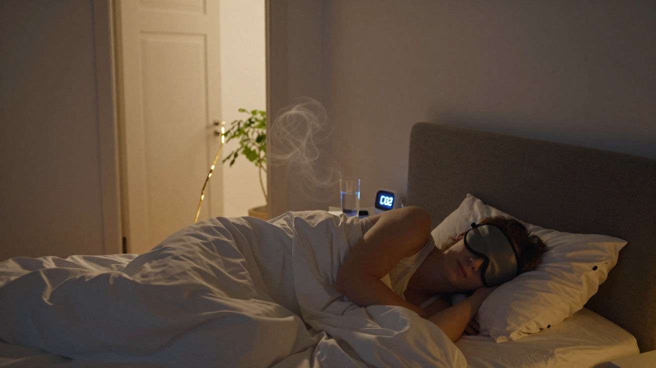 Pessoa a dormir na cama com máscara de olhos, coberta com edredão branco, relógio digital e copo de água na mesa de cabeceira