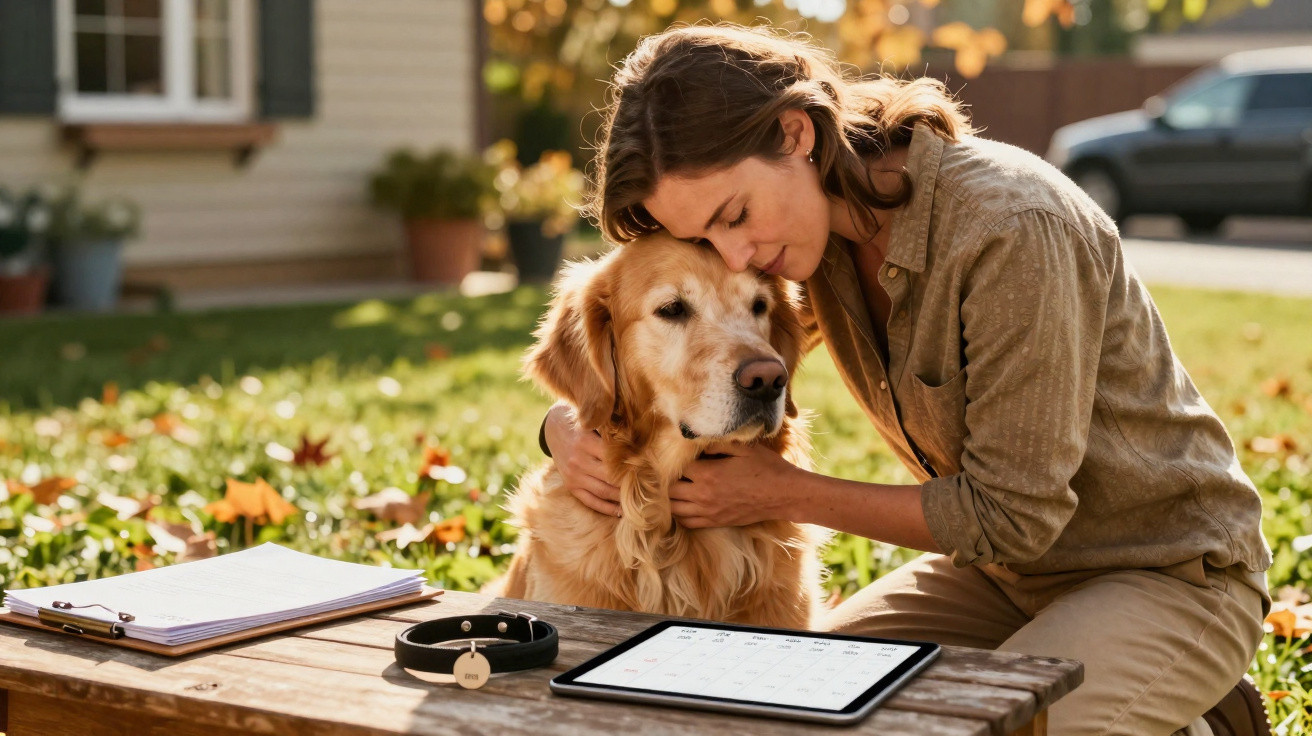 Mulher abraça cão Labrador junto a mesa com tablet, coleira e cadernos ao ar livre.
