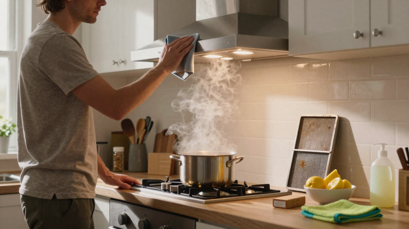 Homem limpa exaustor enquanto cozinha com panela a ferver num fogão numa cozinha moderna.