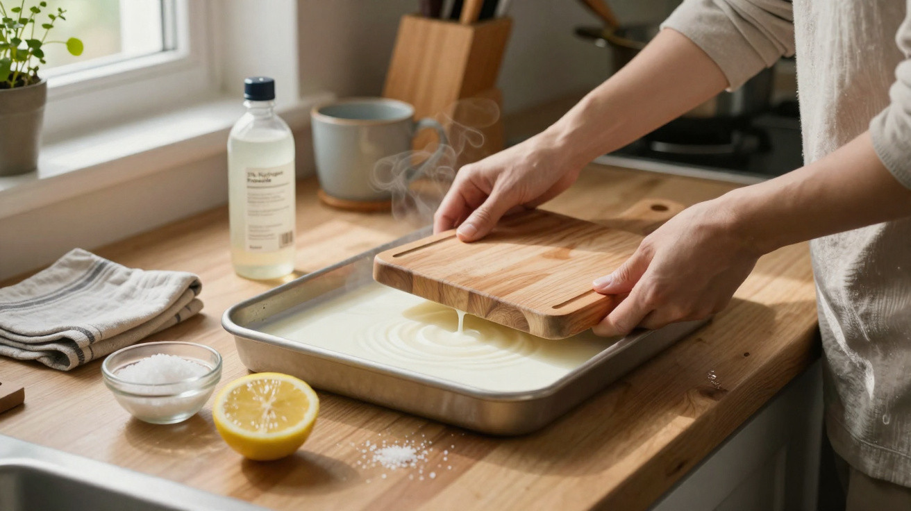 Mãos a despejar líquido branco numa forma metálica, com limão, sal e vinagre na bancada da cozinha.