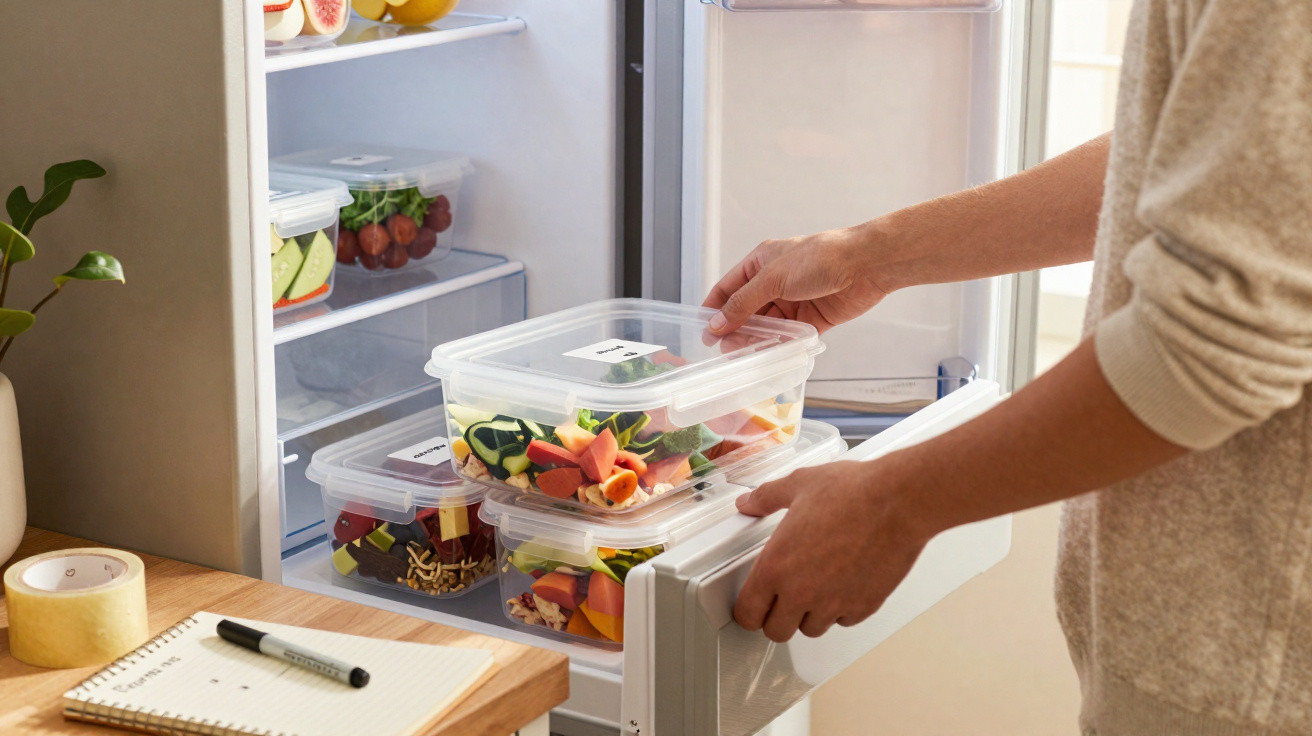 Mãos a guardar recipientes com legumes cortados numa gaveta da frigorífico.