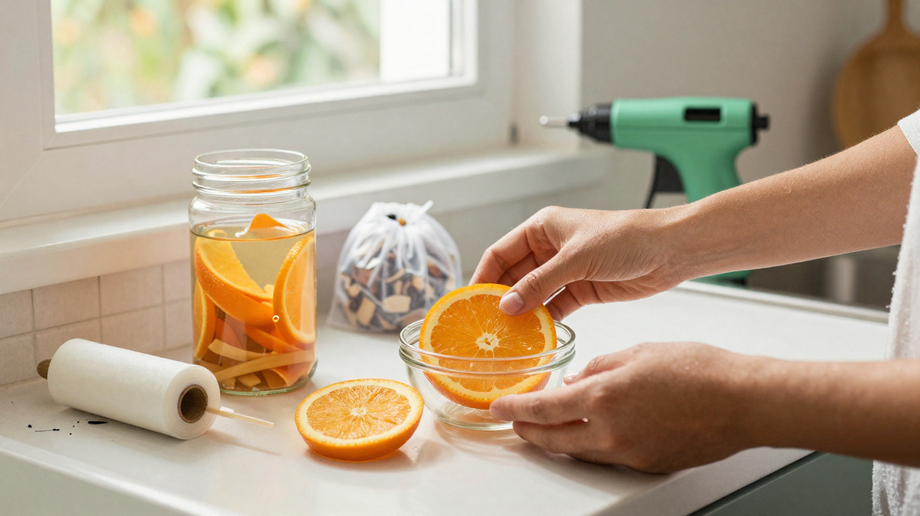 Mãos a colocar fatias de laranja numa taça pequena numa bancada com jarra, rolo e pistola de cola.