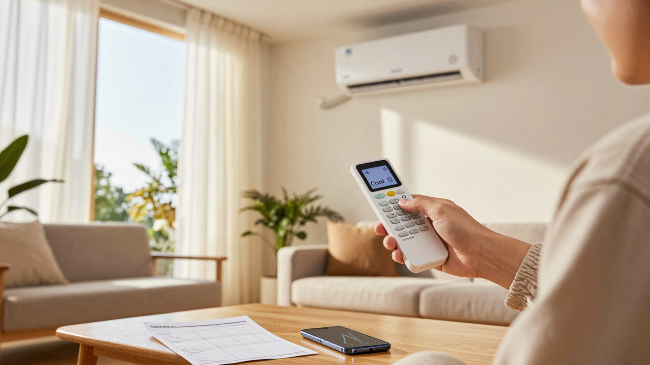 Pessoa a controlar um ar condicionado com comando remoto numa sala de estar moderna e luminosa.