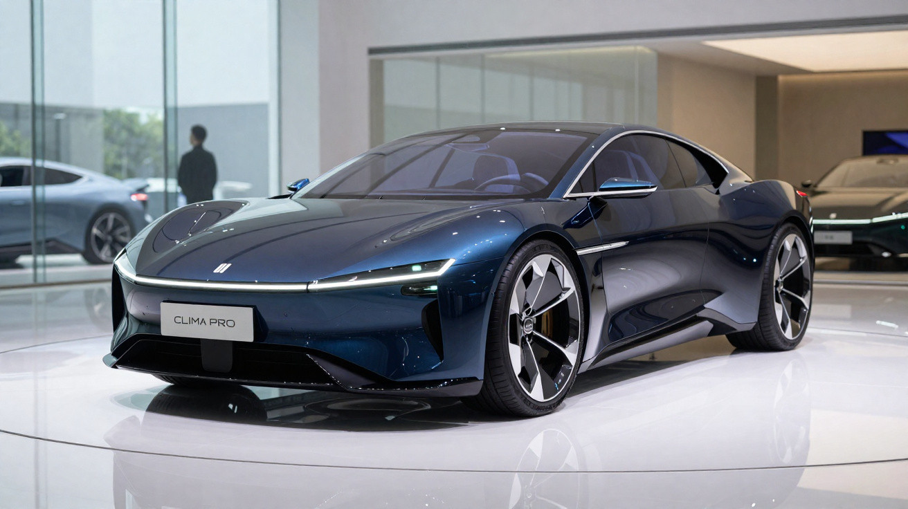 Carro desportivo elétrico azul escuro Clima Pro numa sala de exposição moderna com vidro e automóveis ao fundo.