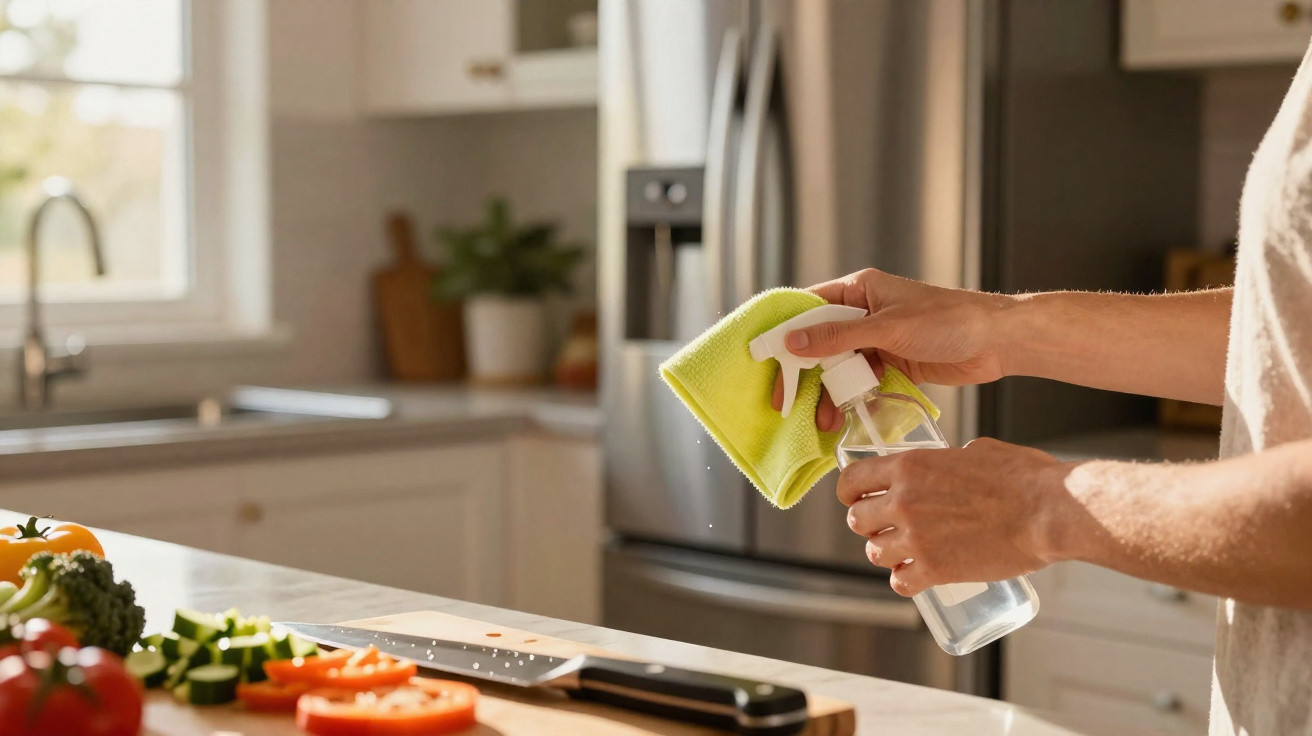 Pessoa a pulverizar líquido numa flanela verde numa cozinha com legumes cortados sobre a bancada.