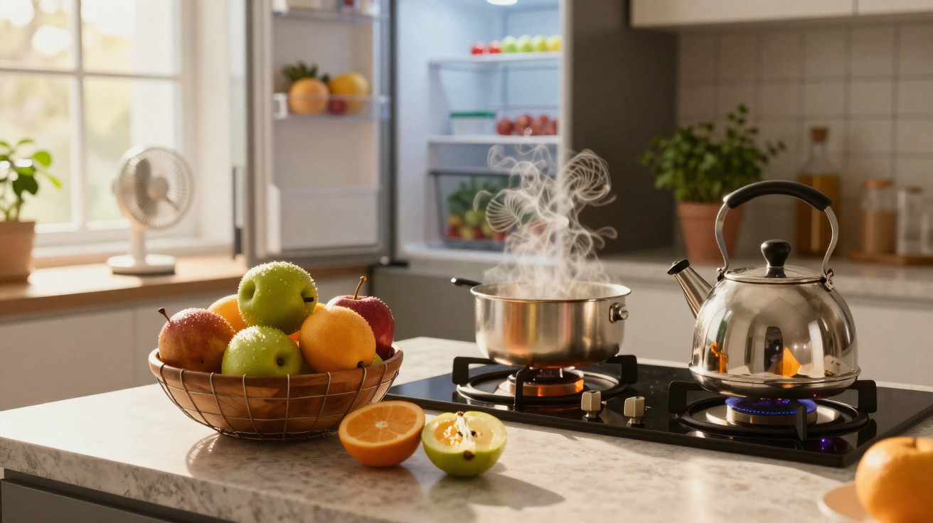 Cozinha com tacho a ferver no fogão, chaleira a aquecer e fruteira com várias frutas sobre bancada.