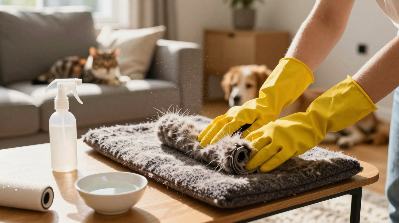 Pessoa com luvas amarelas a limpar tapete felpudo na mesa, gato no sofá e cão ao fundo.