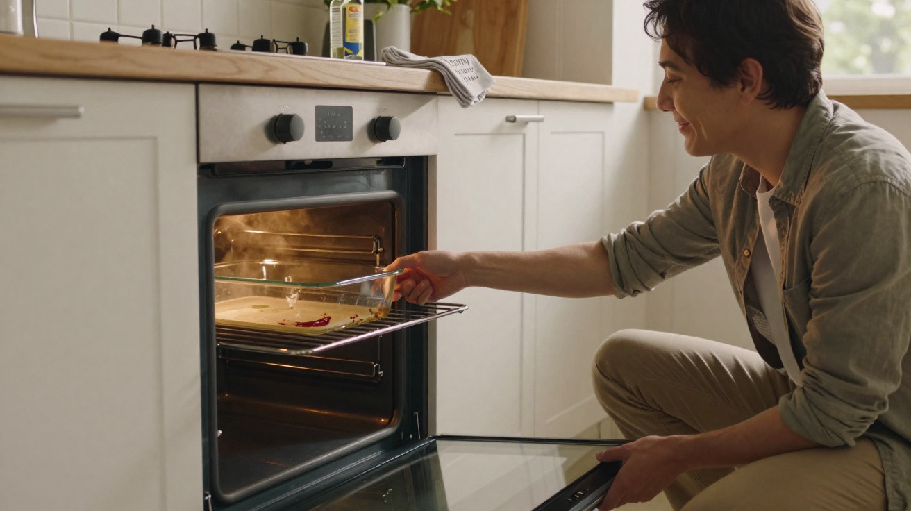 Pessoa a tirar um tabuleiro com comida do forno numa cozinha moderna e luminosa.