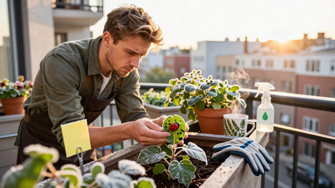 Homem a cuidar de plantas num vaso na varanda, com luvas e pulverizador ao lado, ao amanhecer.